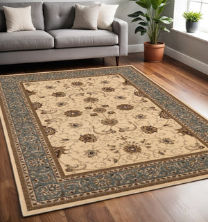 HomeRoots 10' Durable Blue and Ivory Oriental Runner Rug for Hallways – Timeless Style and Lasting Comfort 5x8 395279
