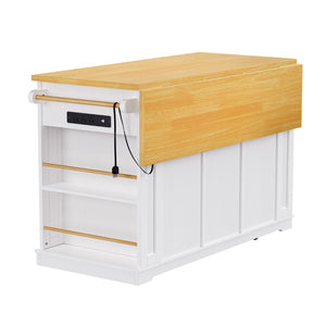 English Elm K&k 53 Inch Rolling Kitchen Island with Drop Leaf Power Outlet and Open Storage Racks White N707S185531W