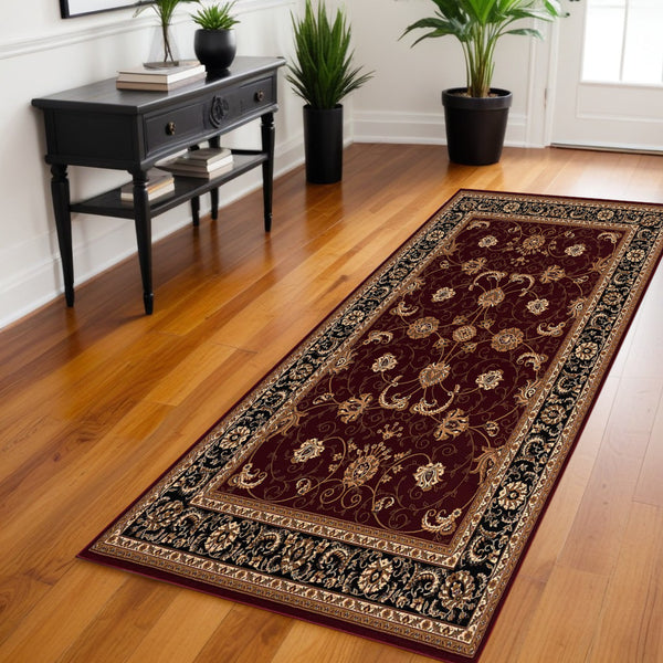 Homeroots 8' Runner Red And Black Oriental Power Loom Runner Rug  Olefin 395291