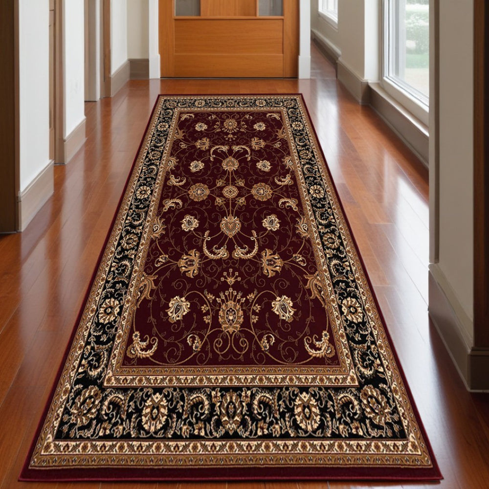 HomeRoots 10' Bold Red and Black Abstract Oriental Runner Rug for High-Traffic Areas - Durable and Stylish 3x15 395295