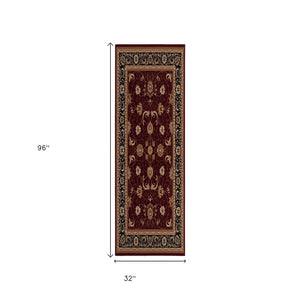 HomeRoots 10' Bold Red and Black Abstract Oriental Runner Rug for High-Traffic Areas - Durable and Stylish 3x8 395299