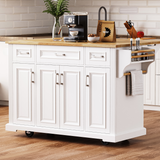 English Elm K&K 54Inch Large Kitchen Island With Rubber Wood Drop Leaf, Embossed Texture Rolling Kitchen Cart On 4 Wheels With 4 Doors and 3 Drawers, Kitchen Island With Storage For Kitchen, Dining Room,White