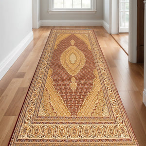 HomeRoots 10' Abstract Red and Beige Oriental Runner Rug - Durable, Low-Maintenance, Perfect for Hallways 2x13 395308