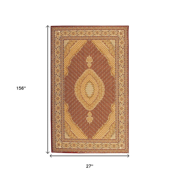 HomeRoots 10' Abstract Red and Beige Oriental Runner Rug - Durable, Low-Maintenance, Perfect for Hallways 2x13 395308
