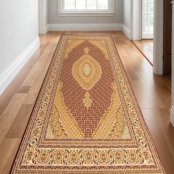 HomeRoots 10' Abstract Red and Beige Oriental Runner Rug - Durable, Low-Maintenance, Perfect for Hallways 2x20 395310