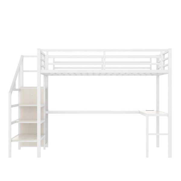 English Elm Queen Size Loft Bed With L-Shaped Desk, Usb Charging & Led Lights - Stylish Storage For All Spaces W1580S00181-GIGA