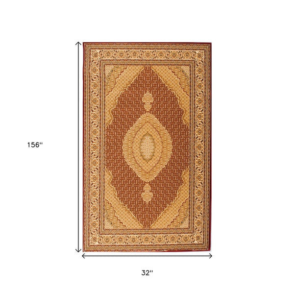 HomeRoots 10' Abstract Red and Beige Oriental Runner Rug - Durable, Low-Maintenance, Perfect for Hallways 3x13 395317