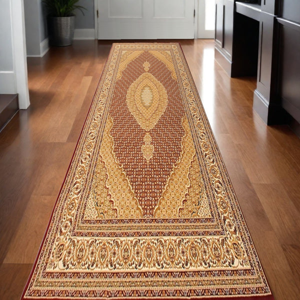 HomeRoots 10' Abstract Red and Beige Oriental Runner Rug - Durable, Low-Maintenance, Perfect for Hallways 3x20 395319