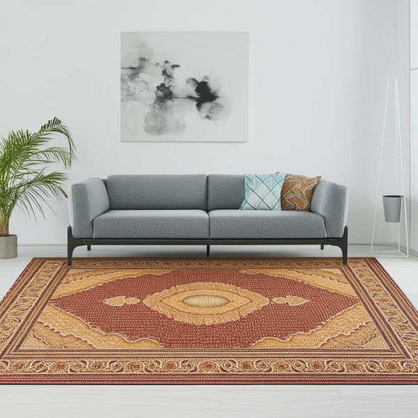 HomeRoots 10' Abstract Red and Beige Oriental Runner Rug - Durable, Low-Maintenance, Perfect for Hallways 5x8 395325