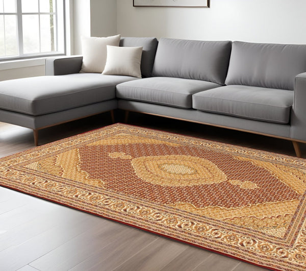 HomeRoots 10' Abstract Red and Beige Oriental Runner Rug - Durable, Low-Maintenance, Perfect for Hallways 7x10 395326