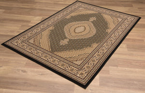 HomeRoots 10' Elegant Beige and Black Medallion Runner Rug - Perfect for Hallways, Durable and Stylish! 2' x 10' 395329