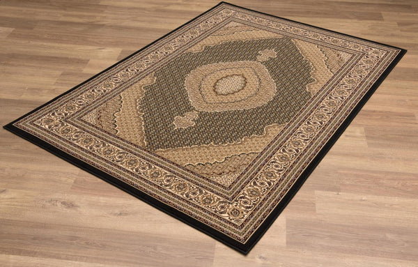 HomeRoots 10' Elegant Beige and Black Medallion Runner Rug - Perfect for Hallways, Durable and Stylish! 2' x 10' 395329