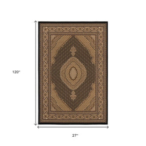 HomeRoots 10' Elegant Beige and Black Medallion Runner Rug - Perfect for Hallways, Durable and Stylish! 2' x 10' 395329