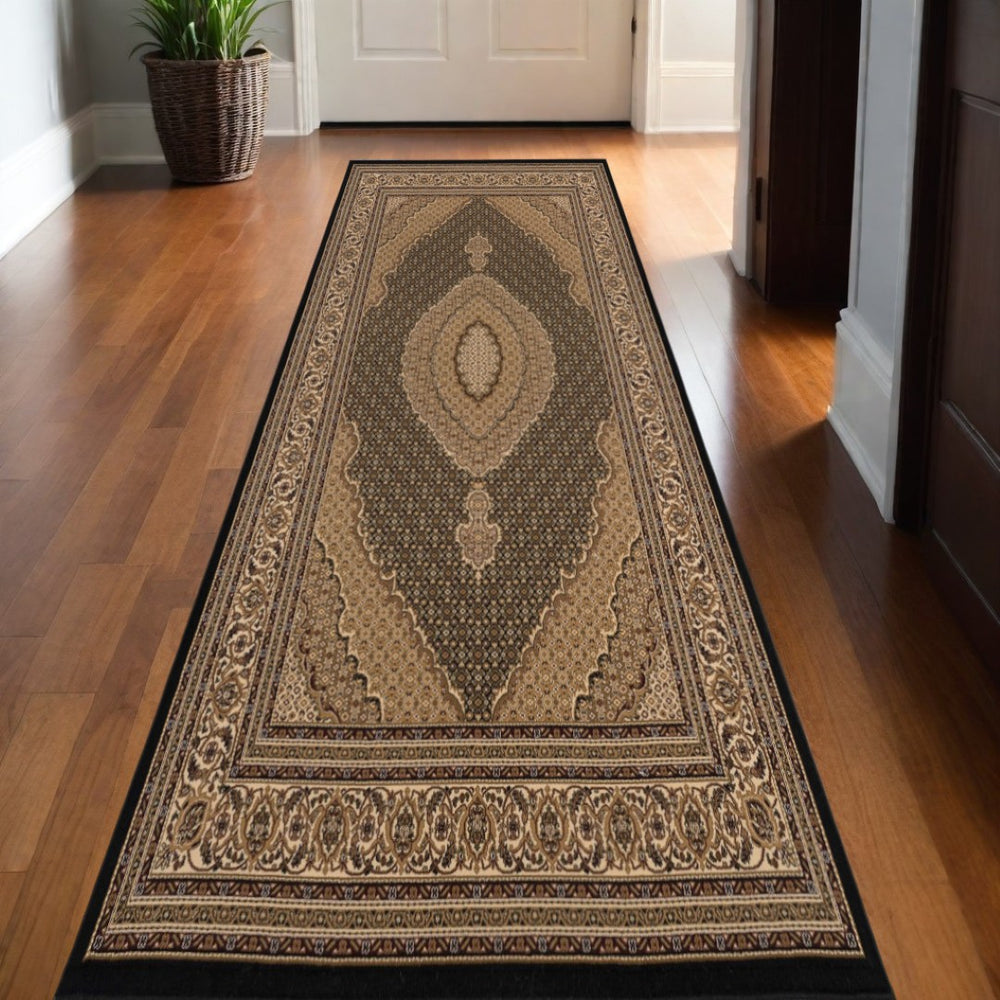 HomeRoots 10' Elegant Beige and Black Medallion Runner Rug - Perfect for Hallways, Durable and Stylish! 2' x 13' 395331