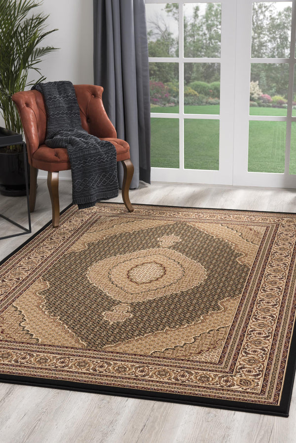 Homeroots 8' Runner Beige And Black Medallion Power Loom Runner Rug  Olefin 395337