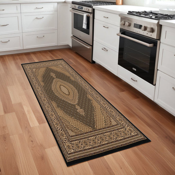 Homeroots 8' Runner Beige And Black Medallion Power Loom Runner Rug  Olefin 395337