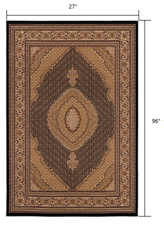 Homeroots 8' Runner Beige And Black Medallion Power Loom Runner Rug  Olefin 395337