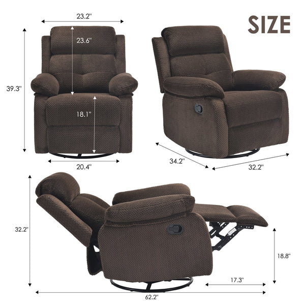English Elm Small Rocker Swivel Recliner Chair with 360° Swivel, 30° Rocking and Adjustable 90–150° Recline Comfortability Chocolate T3623P380414