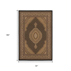 HomeRoots 10' Elegant Beige and Black Medallion Runner Rug - Perfect for Hallways, Durable and Stylish! 3' x 15' 395341