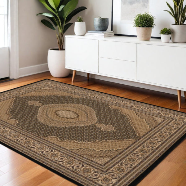 HomeRoots 10' Elegant Beige and Black Medallion Runner Rug - Perfect for Hallways, Durable and Stylish! 4x6 395346