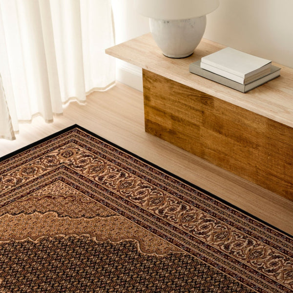 HomeRoots 10' Elegant Beige and Black Medallion Runner Rug - Perfect for Hallways, Durable and Stylish! 5x8 395348