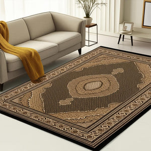 HomeRoots 10' Elegant Beige and Black Medallion Runner Rug - Perfect for Hallways, Durable and Stylish! 5x8 395348