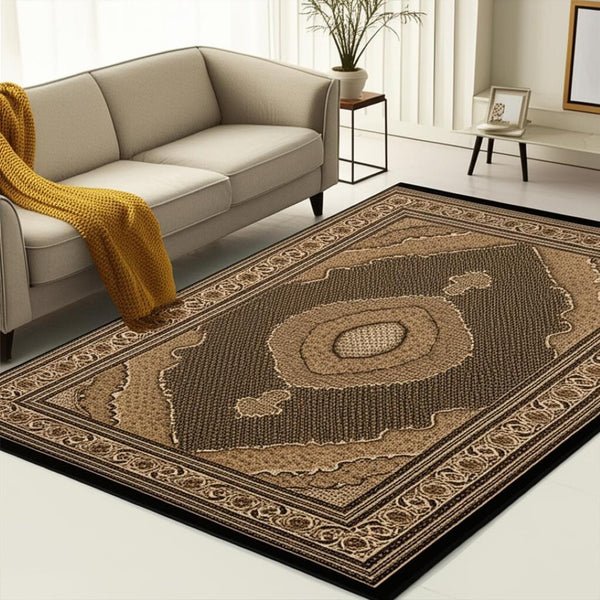 HomeRoots 10' Elegant Beige and Black Medallion Runner Rug - Perfect for Hallways, Durable and Stylish! 5x8 395348