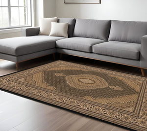 HomeRoots 10' Elegant Beige and Black Medallion Runner Rug - Perfect for Hallways, Durable and Stylish! 8x11 395351