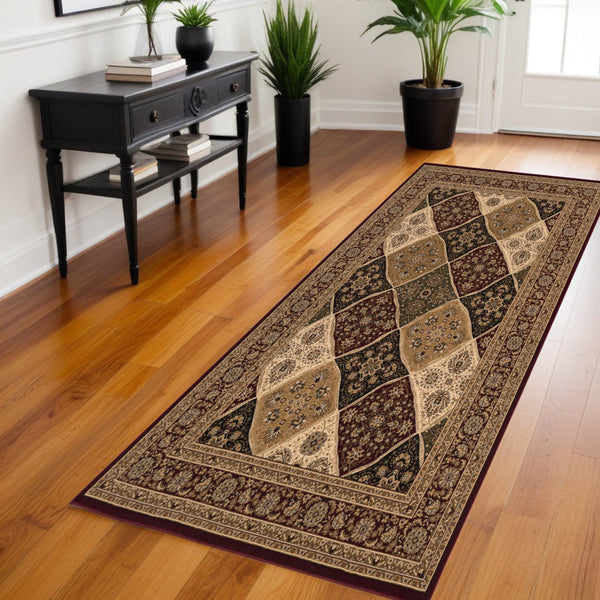 Homeroots 8' Runner Red And Beige Oriental Power Loom Runner Rug  Olefin 395360