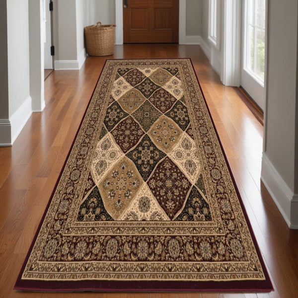 HomeRoots 10' Elegant Red and Beige Oriental Runner Rug - Durable, Abstract Design for Hallways and Entryways 3x15 395364