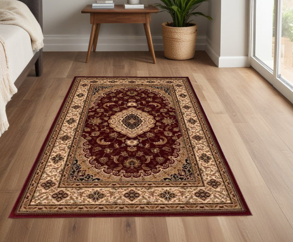 Homeroots 4' X 6' Red And Beige Floral Medallion Power Loom Area Rug  Olefin 395375