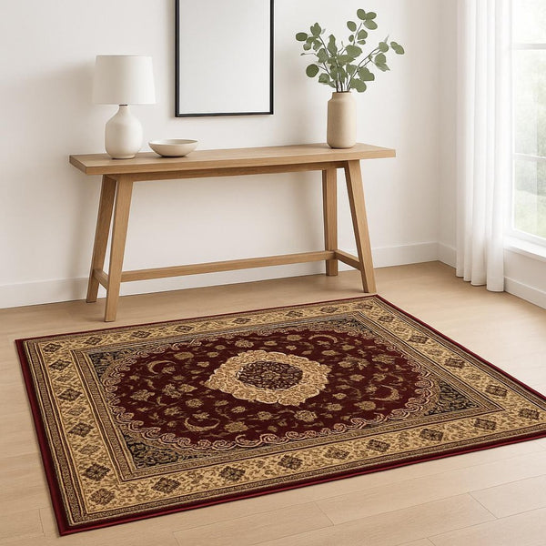 HomeRoots 4' Red and Beige Floral Medallion Area Rug - Elegant Power Loom Design for Stylish Home Décor 4' X 6' 395375