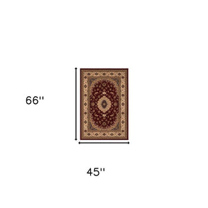 HomeRoots 4' Red and Beige Floral Medallion Area Rug - Elegant Power Loom Design for Stylish Home Décor 4' X 6' 395375