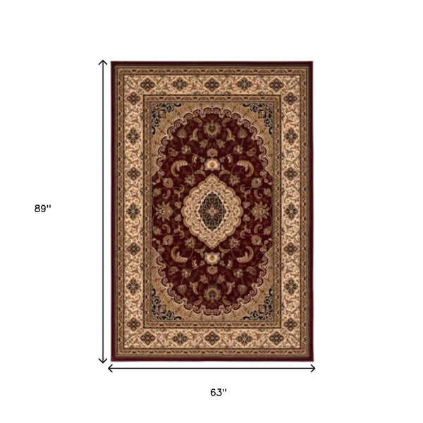 HomeRoots 4' Red and Beige Floral Medallion Area Rug - Elegant Power Loom Design for Stylish Home Décor 5' X 8' 395377