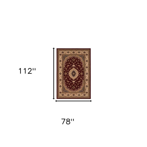 HomeRoots 4' Red and Beige Floral Medallion Area Rug - Elegant Power Loom Design for Stylish Home Décor 7' X 9' 395378