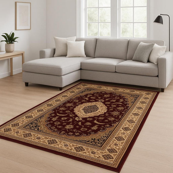 HomeRoots 4' Red and Beige Floral Medallion Area Rug - Elegant Power Loom Design for Stylish Home Décor 7' X 9' 395378