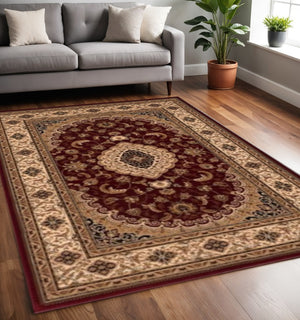 HomeRoots 4' Red and Beige Floral Medallion Area Rug - Elegant Power Loom Design for Stylish Home Décor 8' X 11' 395380