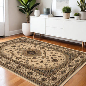 HomeRoots 4' Timeless Beige and Black Floral Medallion Power Loom Area Rug for Elegant Home Décor Solutions 4' X 6' Rectangle 395381