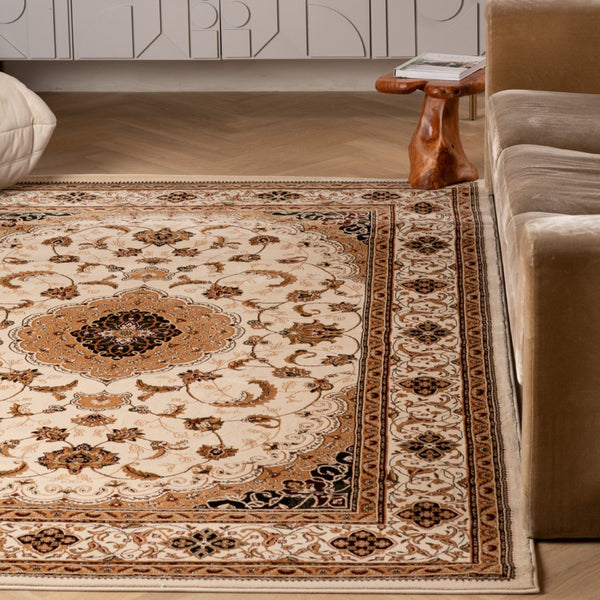 HomeRoots 4' Timeless Beige and Black Floral Medallion Power Loom Area Rug for Elegant Home Décor Solutions 4' X 6' Rectangle 395381