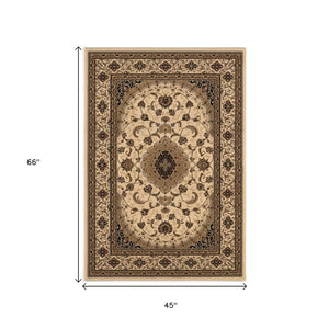 HomeRoots 4' Timeless Beige and Black Floral Medallion Power Loom Area Rug for Elegant Home Décor Solutions 4' X 6' Rectangle 395381