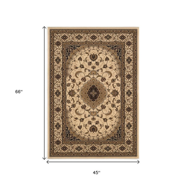 HomeRoots 4' Timeless Beige and Black Floral Medallion Power Loom Area Rug for Elegant Home Décor Solutions 4' X 6' Rectangle 395381