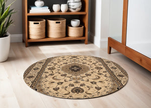 HomeRoots 4' Timeless Beige and Black Floral Medallion Power Loom Area Rug for Elegant Home Décor Solutions 5' Round Round 395382