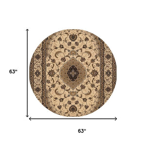 HomeRoots 4' Timeless Beige and Black Floral Medallion Power Loom Area Rug for Elegant Home Décor Solutions 5' Round Round 395382