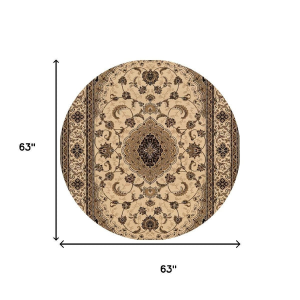 HomeRoots 4' Timeless Beige and Black Floral Medallion Power Loom Area Rug for Elegant Home Décor Solutions 5' Round Round 395382