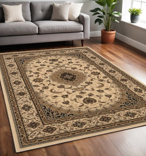 HomeRoots 4' Timeless Beige and Black Floral Medallion Power Loom Area Rug for Elegant Home Décor Solutions 5' X 8' Rectangle 395383