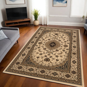 Homeroots 5' X 8' Beige And Black Floral Medallion Power Loom Area Rug  Olefin 395383
