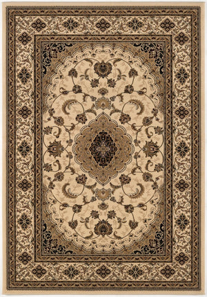HomeRoots 4' Timeless Beige and Black Floral Medallion Power Loom Area Rug for Elegant Home Décor Solutions 5' X 8' Rectangle 395383