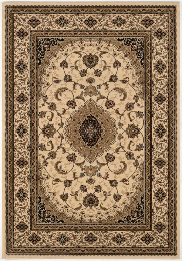 HomeRoots 4' Timeless Beige and Black Floral Medallion Power Loom Area Rug for Elegant Home Décor Solutions 5' X 8' Rectangle 395383