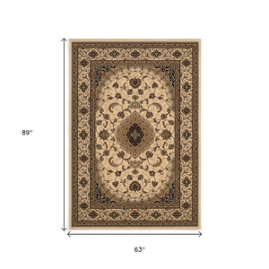 HomeRoots 4' Timeless Beige and Black Floral Medallion Power Loom Area Rug for Elegant Home Décor Solutions 5' X 8' Rectangle 395383
