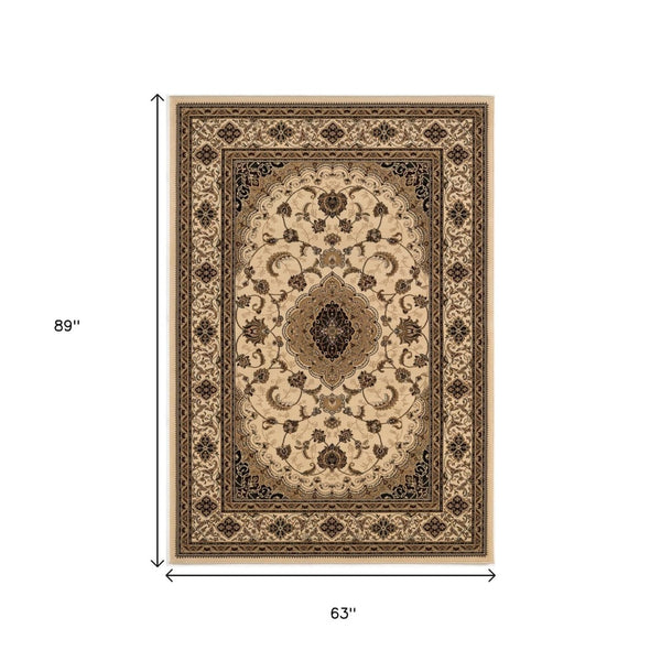 HomeRoots 4' Timeless Beige and Black Floral Medallion Power Loom Area Rug for Elegant Home Décor Solutions 5' X 8' Rectangle 395383
